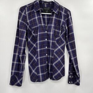 Guess Y2K Womens Pearl Snap Shirt Size Small Blue Plaid Long‎ Sleeve Western 90s